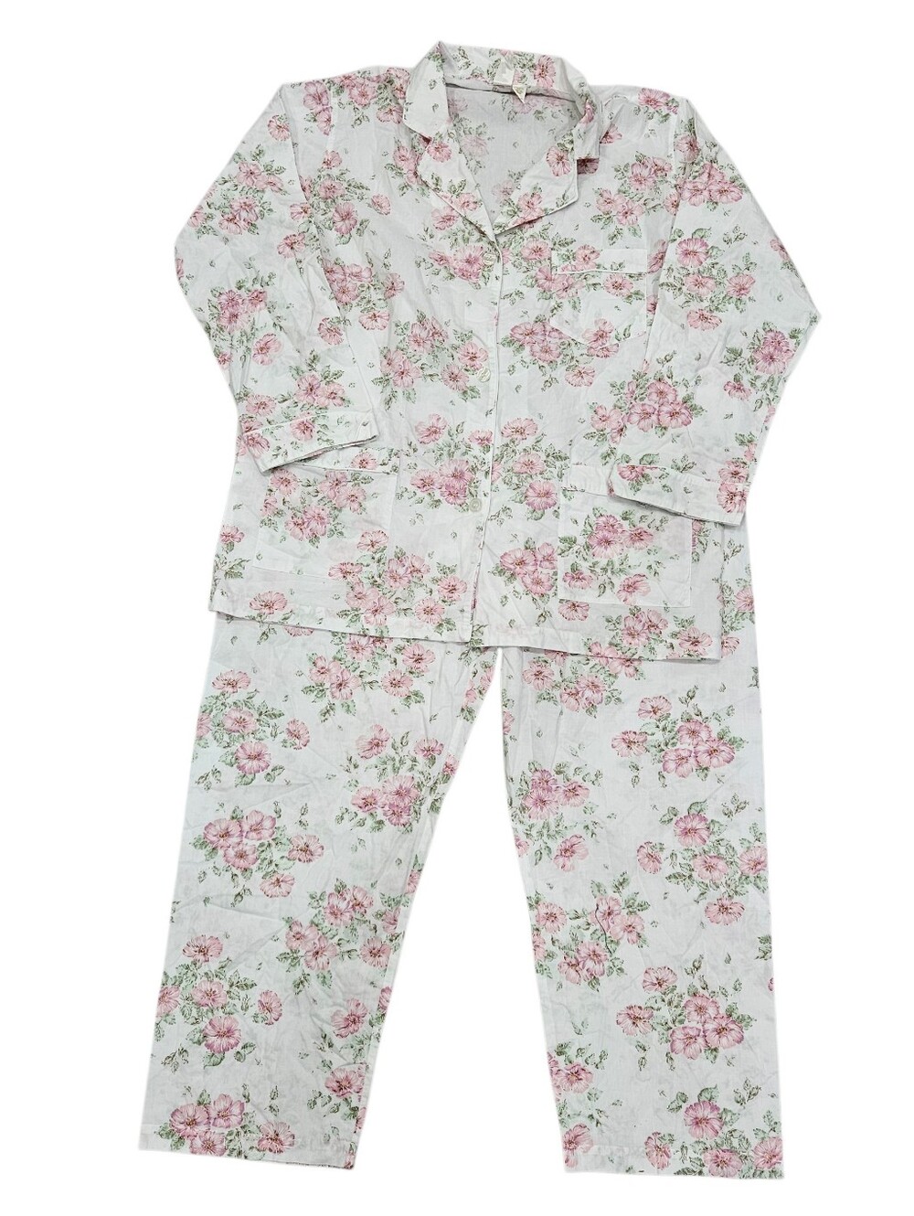 VTG Victoria's Secret Pink Floral Green Long Cotton Pajamas Set Sz L 80s NWOT